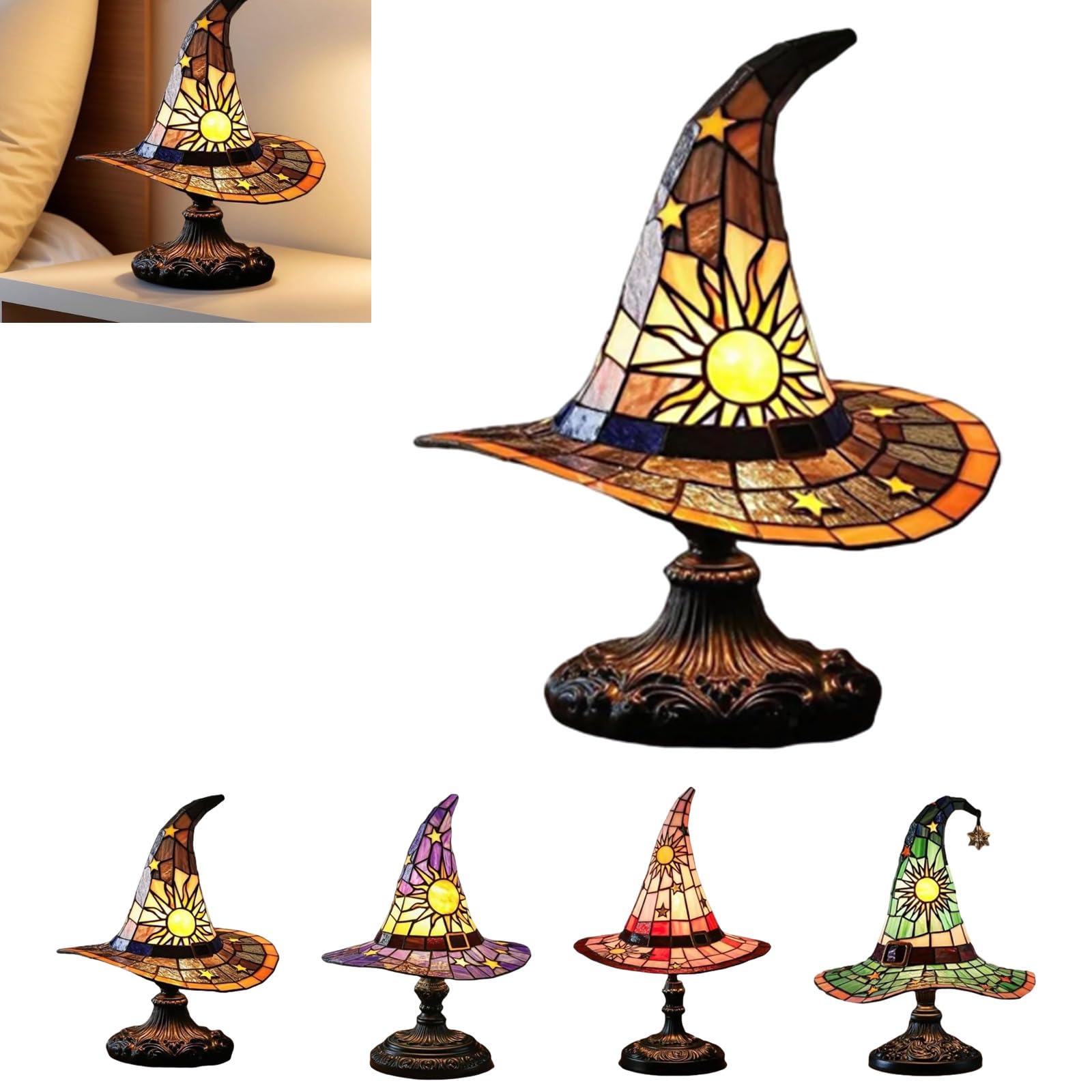 Witch Hat Lamp Resin Stained Glass Lampshade, Halloween Wizard Hat Lamp Gothic Lamps Fun Spooky Lamps, Mystical Decor Halloween Hats Light Decoration for Indoor Party Home(Purple)