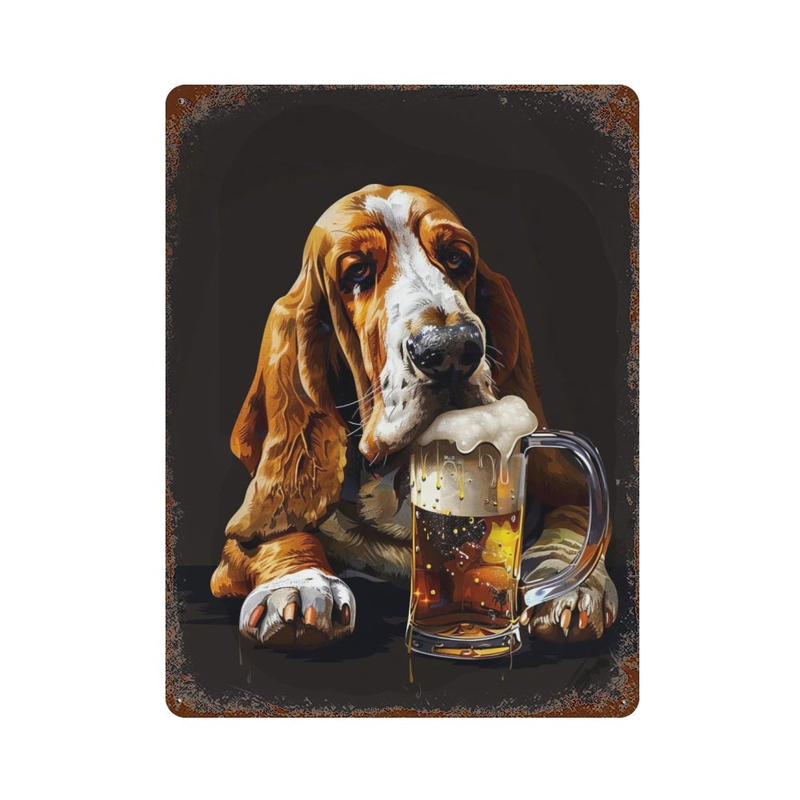 Rust Effect Basset Hound Beer Rusty Metal Tin Sign 15.7"x11.8", Old School Wall Decor for Farmhouse, Kitchen And Entryway Decor