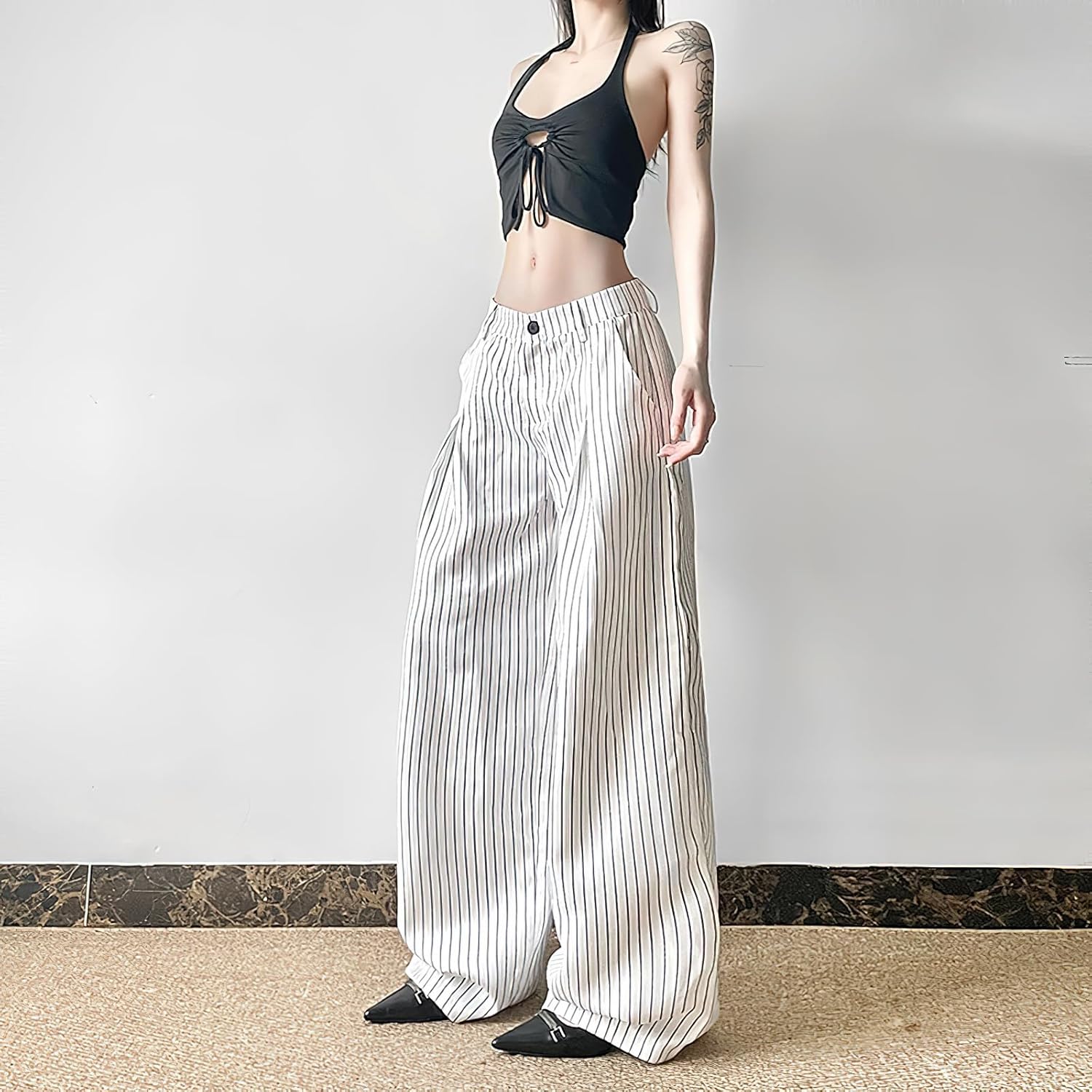 Viatabuna Women's Casual Striped Wide Leg Pants Low Waisted Y2K Baggy Pants Lounge Pinstripe Lightweight Trousers Work Pants - Image 3