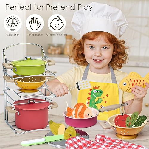 Miniatura 5 de Golray Juego de accesorios de cocina, juego de cocina para niños, incluye ollas y sartenes, utensilios de cocina, organizador, condimentos, delantal