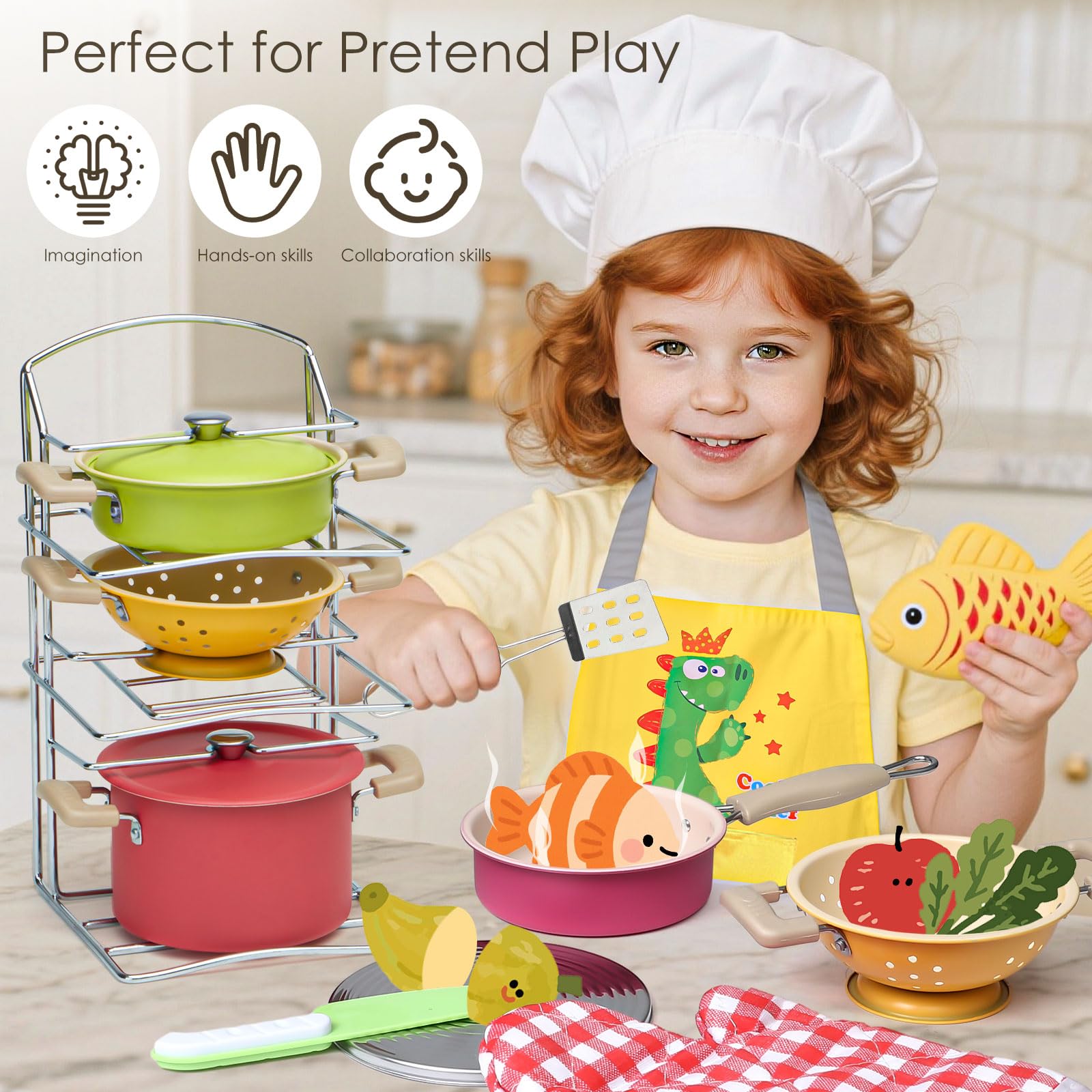 Tacobear Kinderküche Zubehör Edelstahl Kochset Topf Pfanne Kochgeschirr Set mit Schürze Handschuh Spielküche Zubehör Küchen Spielzeug für Jungen Mädchen