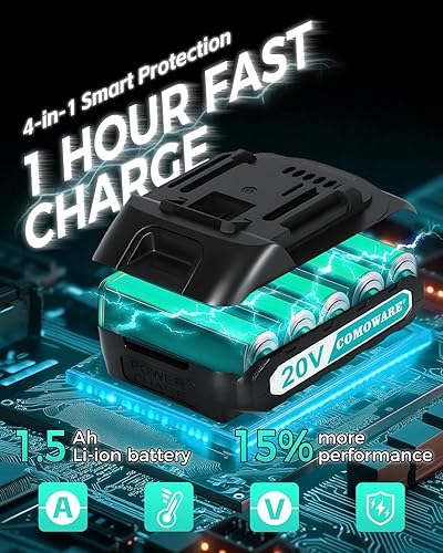 Miniatura 5 de COMOWARE Taladro inalámbrico de 20 V, juego de taladro eléctrico con 1 batería y cargador, portabrocas sin llave de 3/8 pulgadas, 2 velocidades