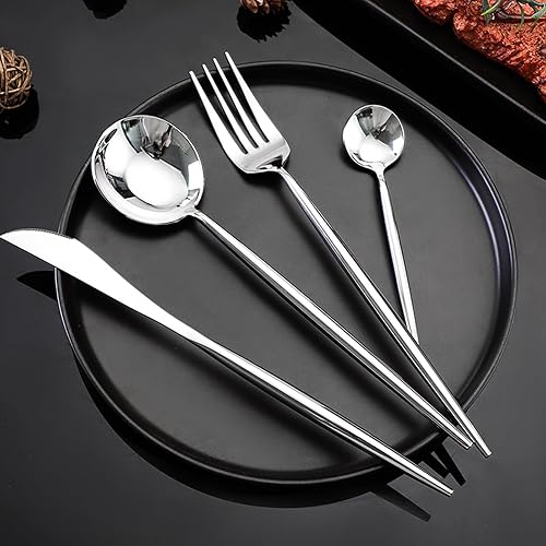Miniatura 5 de Juego de cubiertos de 24 piezas, cuchara de tenedor de cuchillo de acero inoxidable, juego de vajilla para el hogar plateado