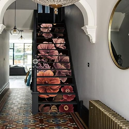 Flortlias 15 calcomanías de vinilo texturizado de cuero para subir escaleras, autoadhesivas, 39.37 x 7.09 pulgadas, boceto de peonía