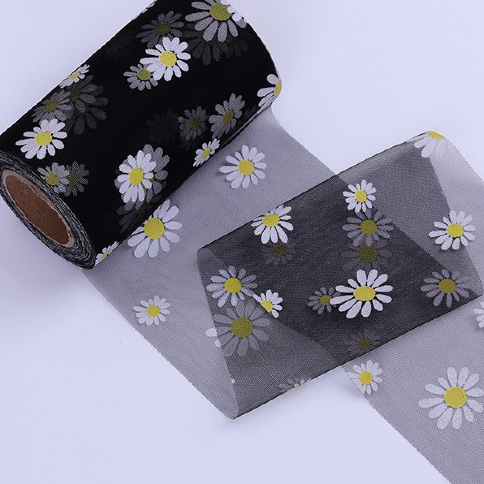 1 Roll 25 Yards Daisy Tulle Soft Flower Ribbon Mesh Handmade Craft Ornament Sunflower Printed Mesh Fabric Black 2.95in x 25yards Supply