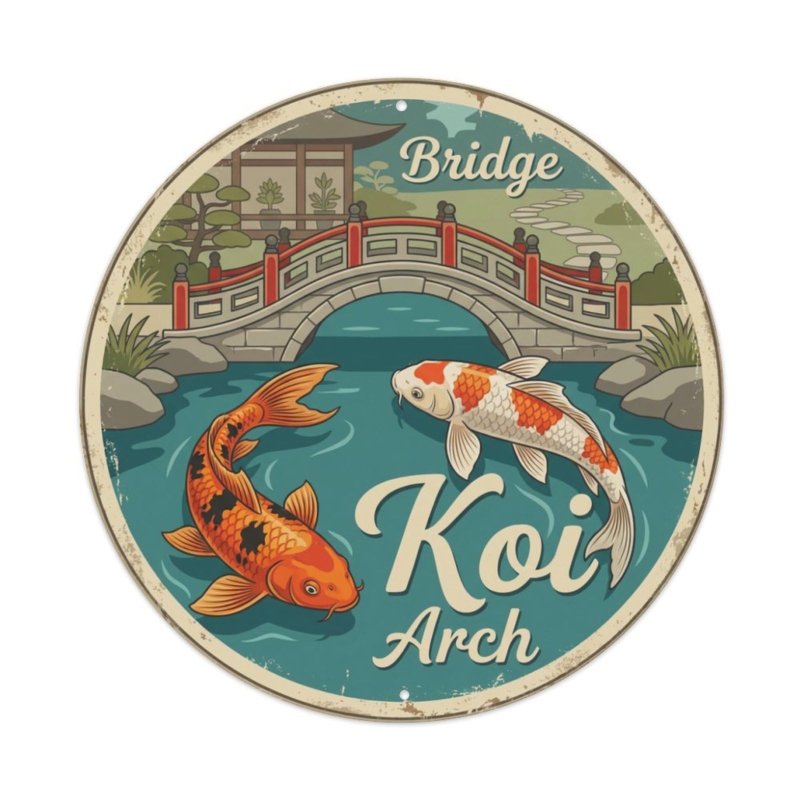 Fyrn Style Metal Tin Sign Koi Fish Bridge Garden Path Japanese Retro