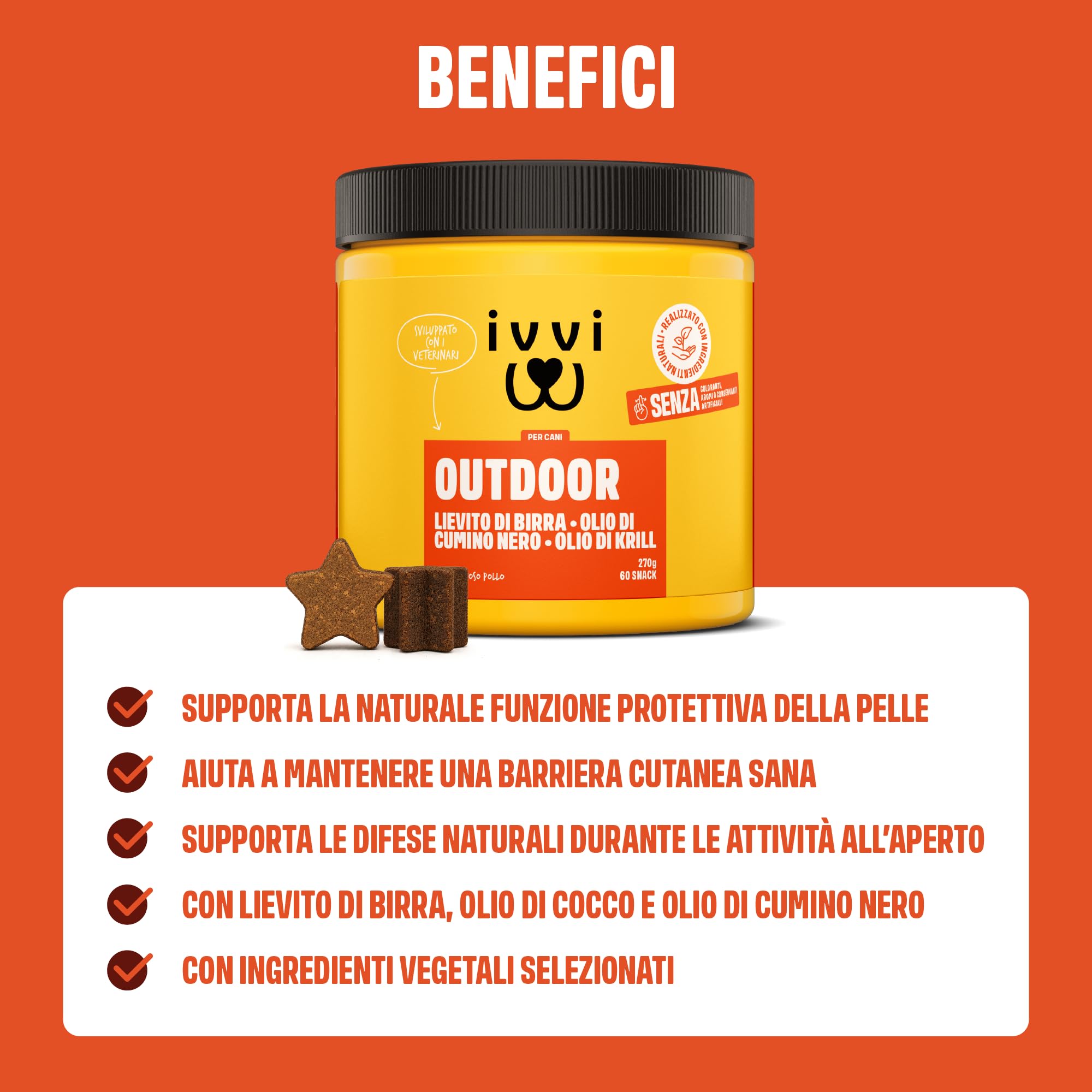 ivvi Outdoor per Cani – Snack Morbidi con Lievito di Birra, Olio di Cumino Nero, Olio di Krill e Cisto – Pelle, Pelo e Difese Naturali – 270 g, 60 Snack