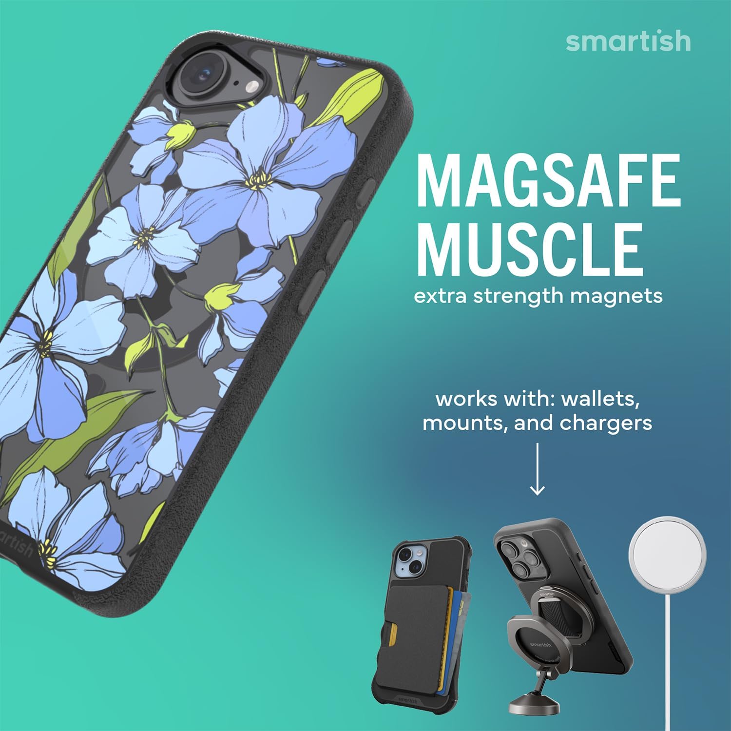 Smartish® iPhone 17e/16e MagSafe Clear Case - Gripmunk Magnetic Slim Case [Lightweight + Protective] Drop Tested Anti-Yellowing Thin Grip Clear Cover for Apple iPhone 17e/16e - Blue Blossom