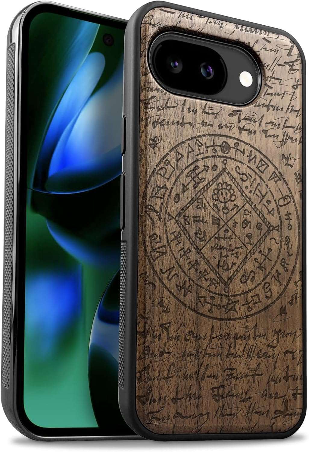 Carveit Magnetic Wooden Case for Google Pixel 10a Case, Wood Artisan Engraved & Soft TPU Shockproof Cover, Compatible with MagSafe Wireless Chargers (Arcane Witchcraft Book) Walnut