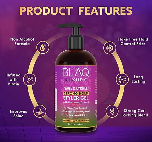 Miniatura 5 de Blaq Luxury Sage & Lychee Strong Hold Styler Gel - Fórmula no alcohólica y no escamosa para aguantar todo el día, infusión de biotina, promueve la