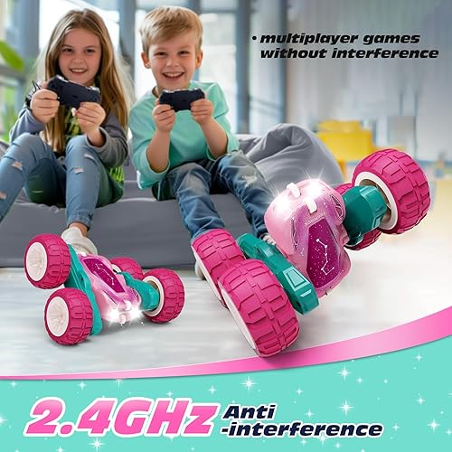 Miniatura 5 de Tecnock Auto de control remoto rosa para niñas y niños, autos RC de 2.4 GHz con USB-C de fácil carga, 4WD de doble cara gira y voltea el auto de