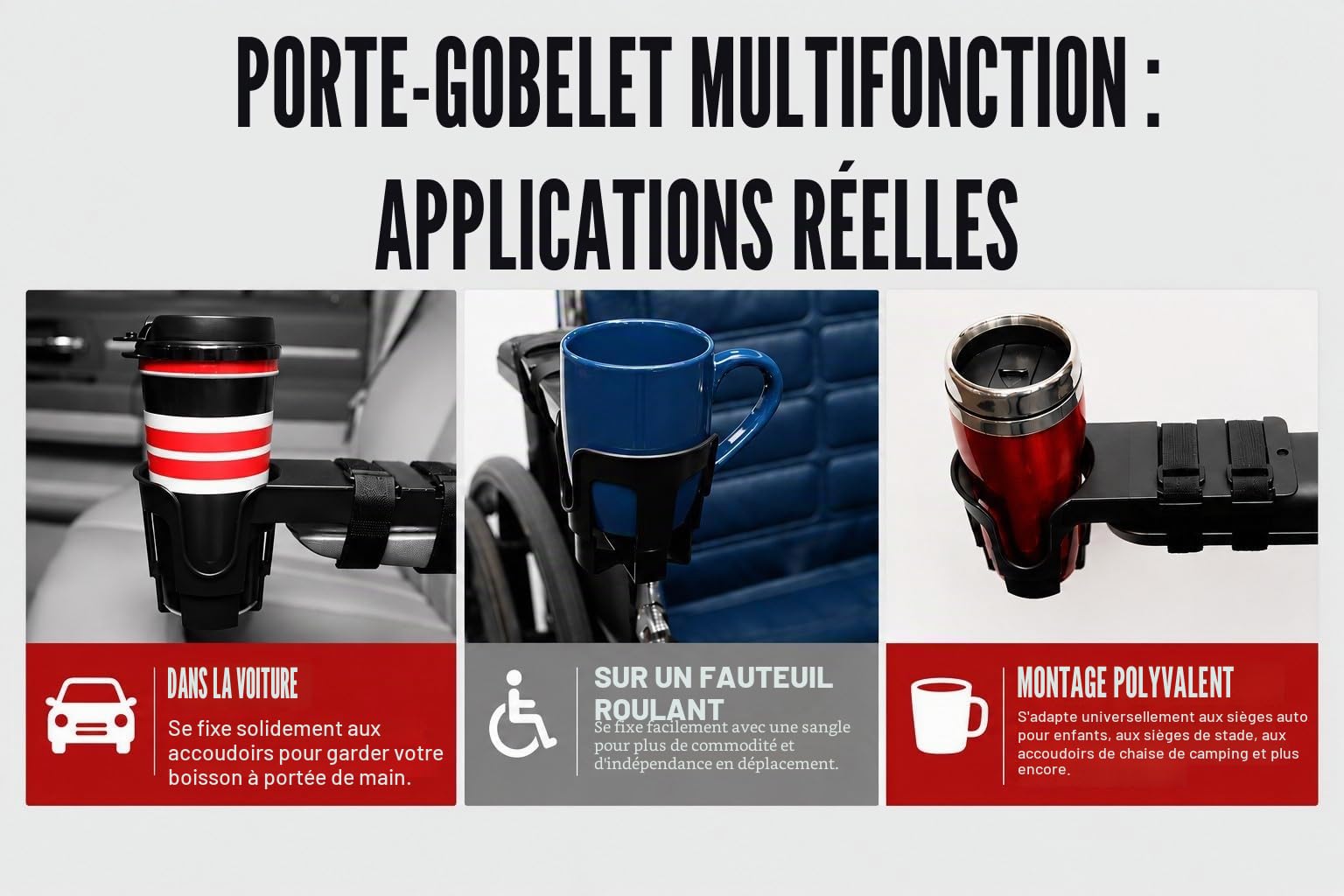Nearly Universal Oh Porte-gobelet pour fauteuils électriques, fauteuils roulants, Noir