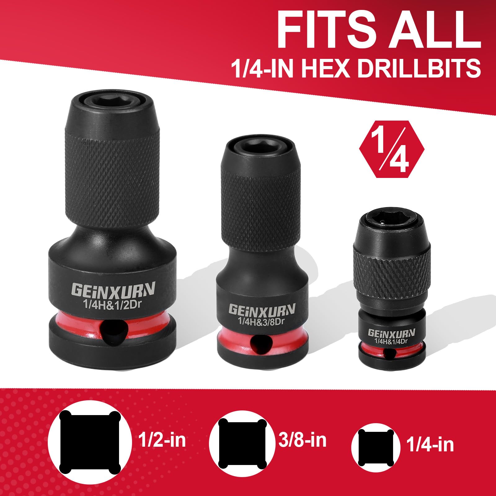 3PCS Impact Screwdriver Bit Holders Include 1/2-inch, 3/8-inch and 1/4-inch Square Drive to 1/4-Inch Quick Release Hex Socket Adapter for Impact Wrench