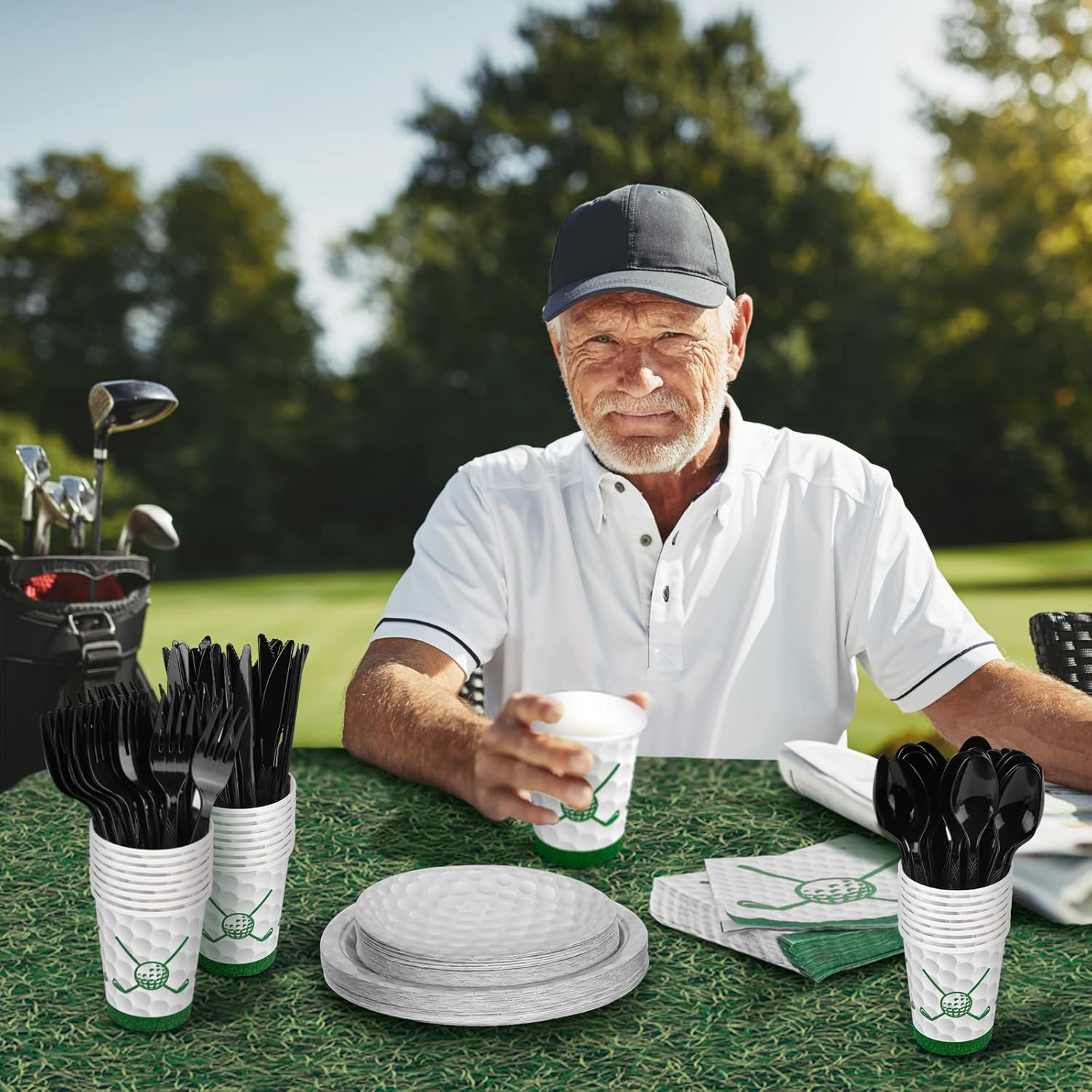 Durony 169-Piece Golf Party Supplies - Green Grass Field Tablecloth, 48 Dessert Plates, 24 Paper Cups, 24 Napkins, 24 Knives, Forks & Spoons - Disposable Golf Tableware Set - Image 7