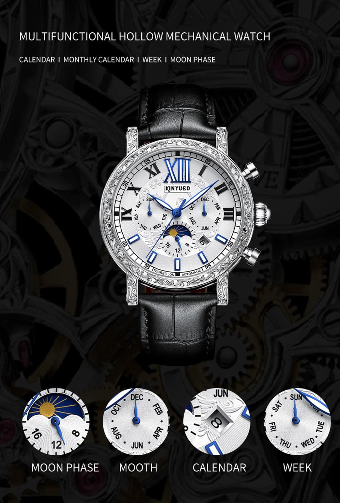 Reloj para Hombre,Mecánico Automático Relojes,Dial Esqueleto Correa De Piel,Auto Cuerda con Función De Semana,Deportivo Diseñador Casual Negocio