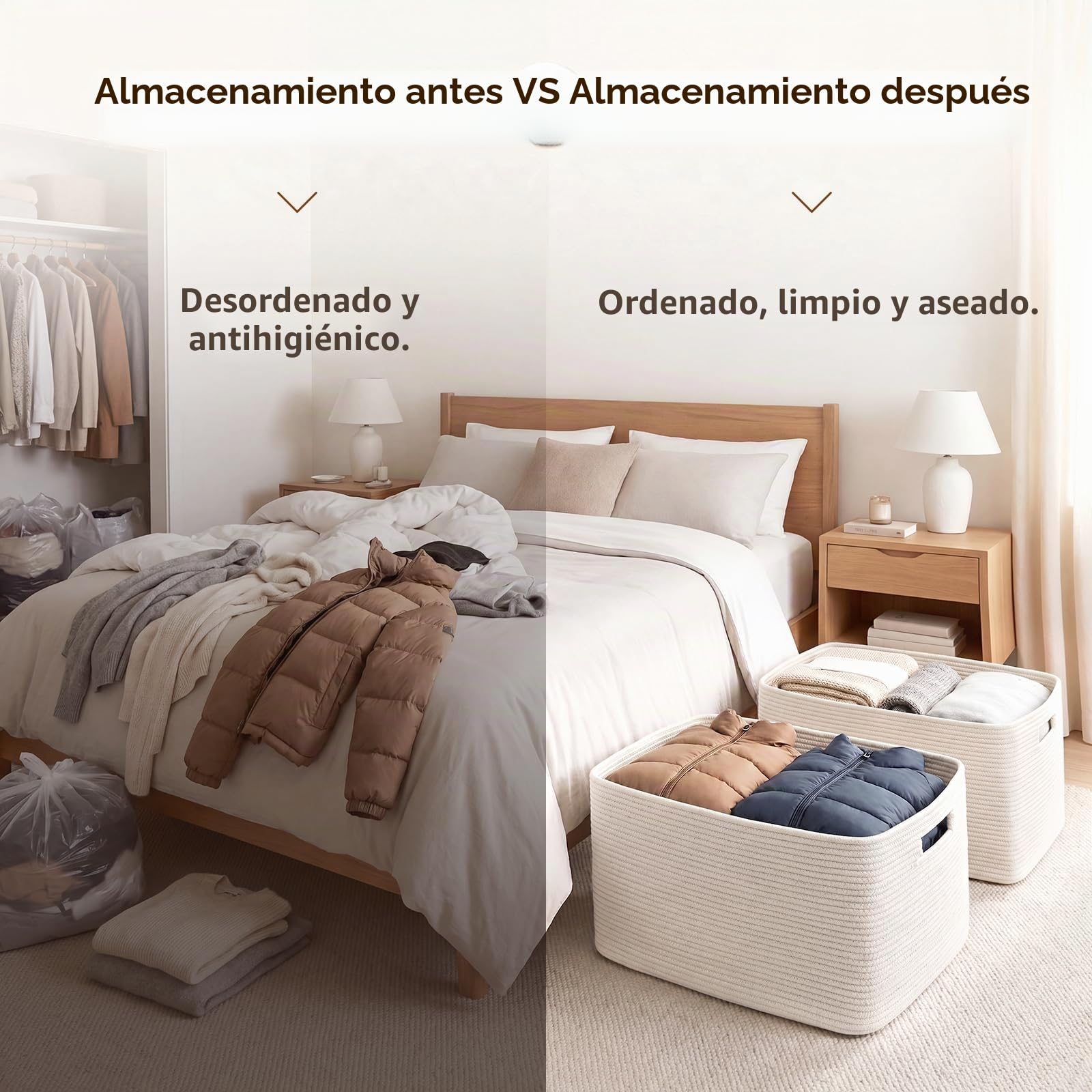 OIAHOMY Cesta grande de cuerda de algodón de 75 L con asa, cesta de almacenamiento tejida para mantas, juguetes, sala de estar y guardería, 22 x 17 x 12 pies, color blanco