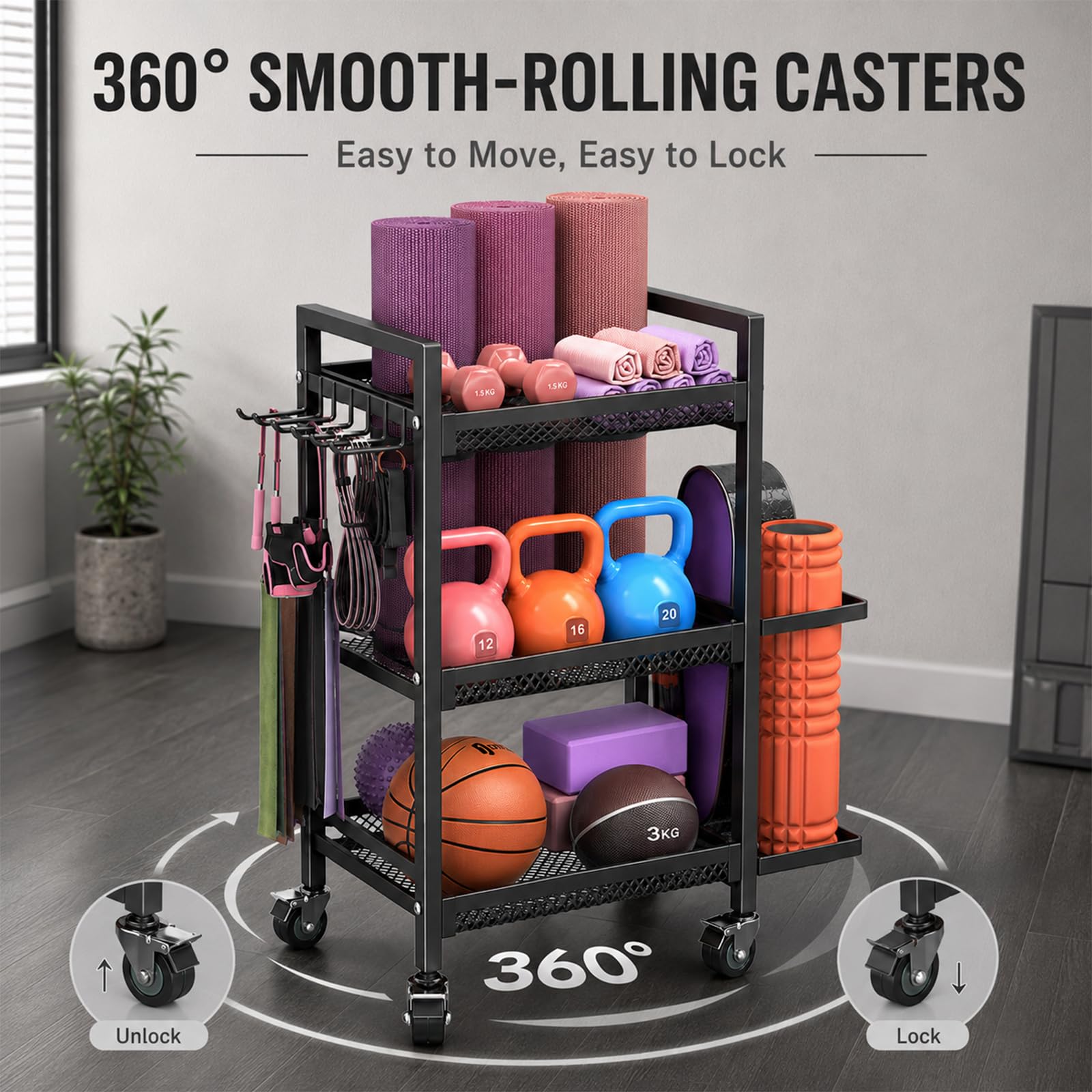Soporte de pesas para gimnasio en casa, con ruedas, 3 niveles | Esterilla de yoga, estantería y bandeja para pesas, pesas rusas, rollo de fascia, organizador de equipos deportivos de acero