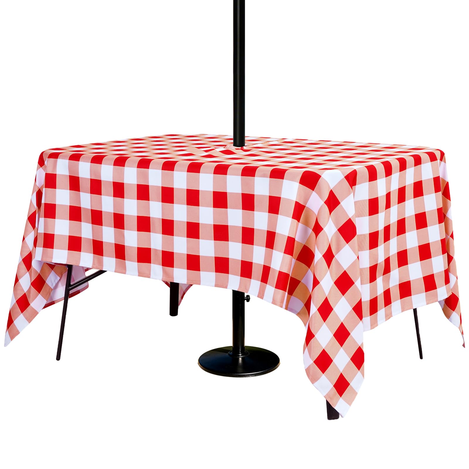Tovaglia a quadretti rossi per esterni, tovaglia a scacchi rossi e bianchi con foro per ombrellone, 178 x 132 cm, rettangolare, a prova di perdite, per patio, piscina, riunioni all'aperto