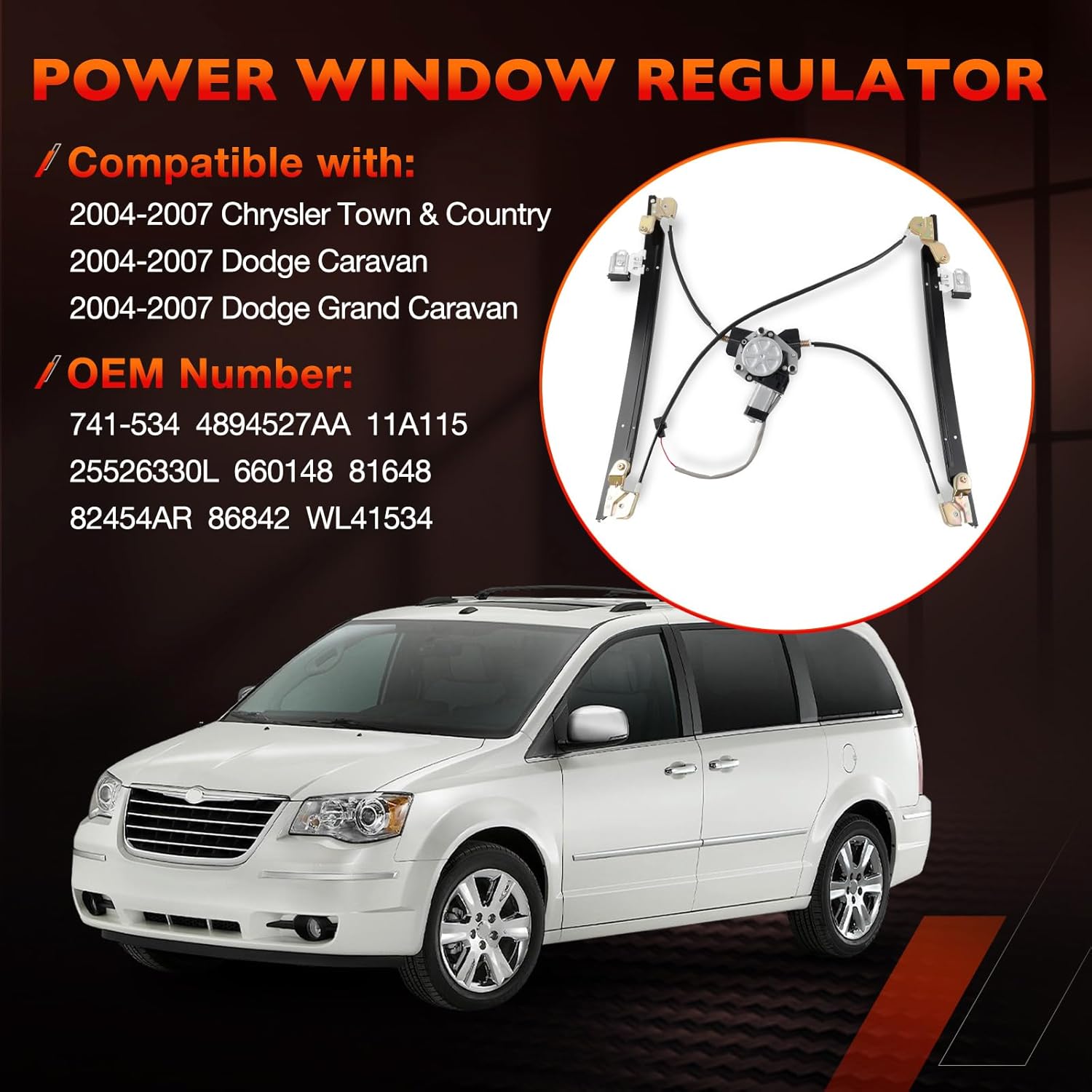 741-534 Power Window Regulator with Motor Driver Side Front Left,Fits 2004 2005 2006 2007 Chrysler Town & Country, Dodge Caravan, Dodge Grand Caravan, Replace# 741534, 4894527AA, 86842