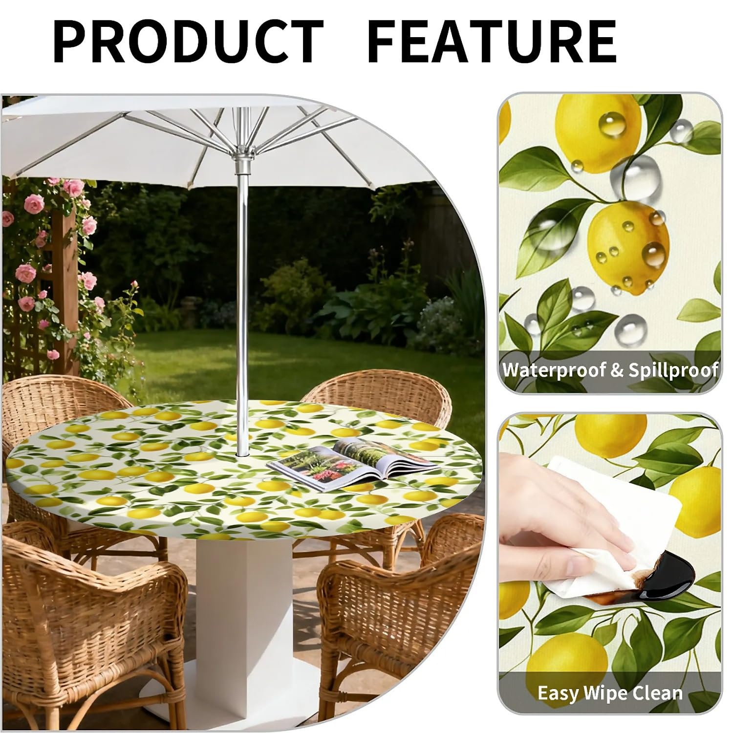 Nappe Ronde Exterieur avec Trou de Parapluie,Citron modèle Nappe de Jardin Lavable et Facile à Nettoyer, avec Ourlet élastiqué, idéale pour terrasse, Balcon et Jardin. Ø 90 cm.