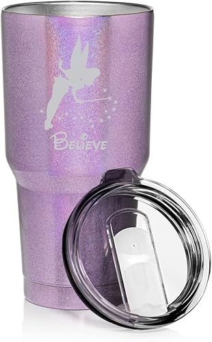 Miniatura 3 de Vaso de acero inoxidable de 30 onzas con aislamiento al vacío, taza de viaje Fairy Believe (purpurina blanca)