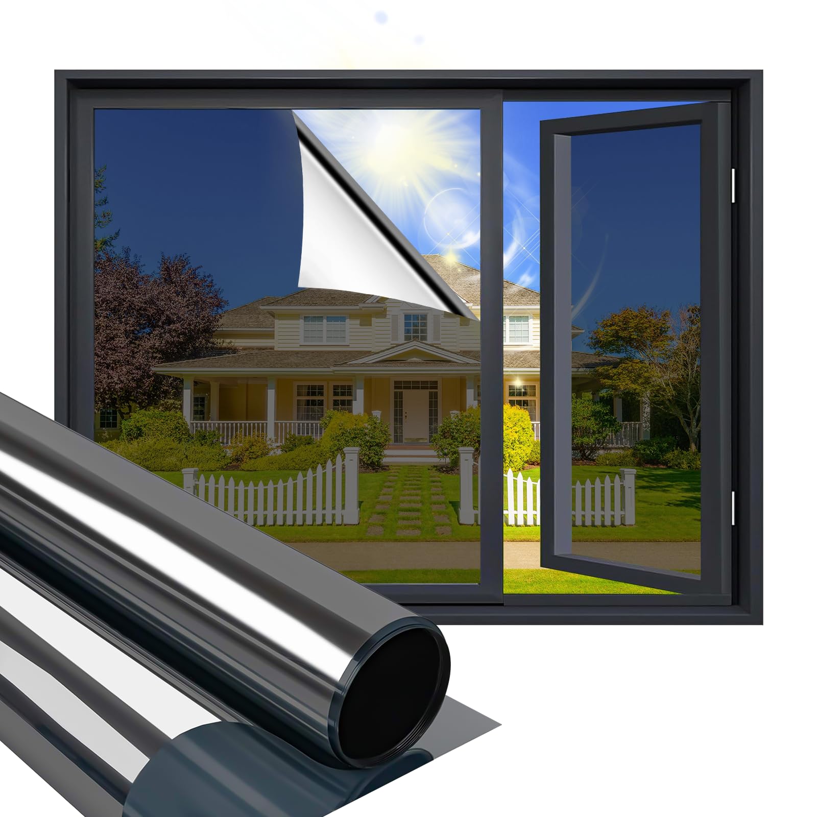 Niviy One Way Daytime Window Film Privacy Mirror Effect Self-Adhesive Window Tint UV Heat Control Glass Door Film for Home and Office, Black-Silver 17.5 x 78.7 inches