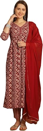 Rajnandini Womens Rayon Foil Print Kurta Set With Dupatta JOPLST221-P_Maroon & Beige_P