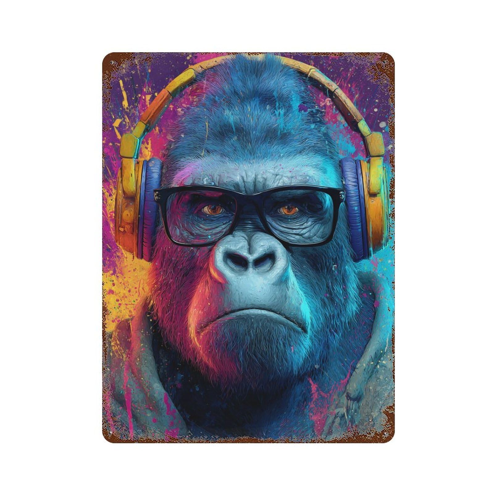 Gorilla with Headphones Art Print Rustic Tin Plaque 15.7"x11.8", Vintage Wall Decor for Garage, Pub Or Kitchen