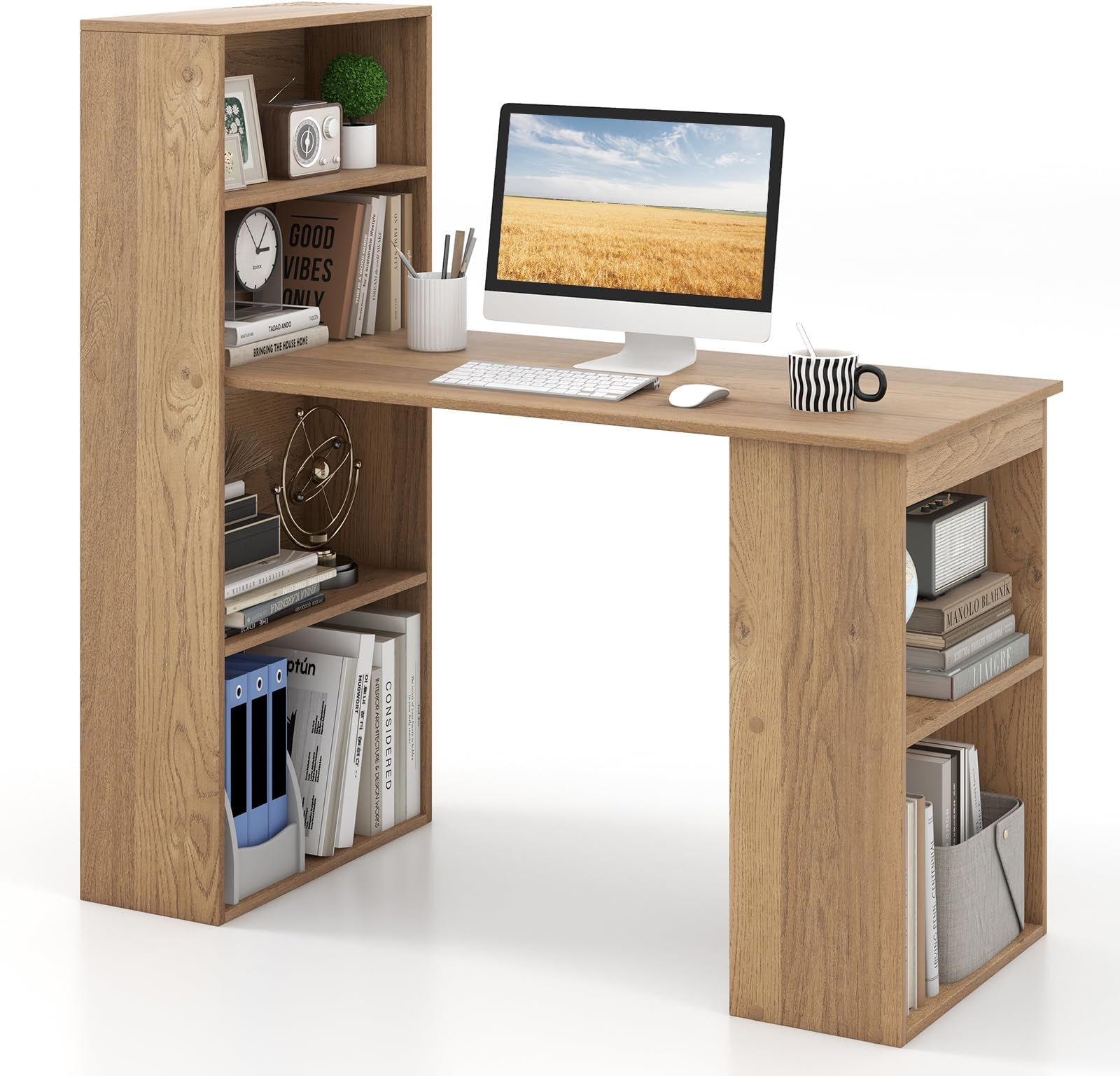 48 Inch Computer Desk with Bookshelf, Reversible Study Writing Desk with Storage Shelves & CPU Stand, Compact Office Desks & Workstations, Small Desk for Bedroom, Kids Room, Study (Natural)