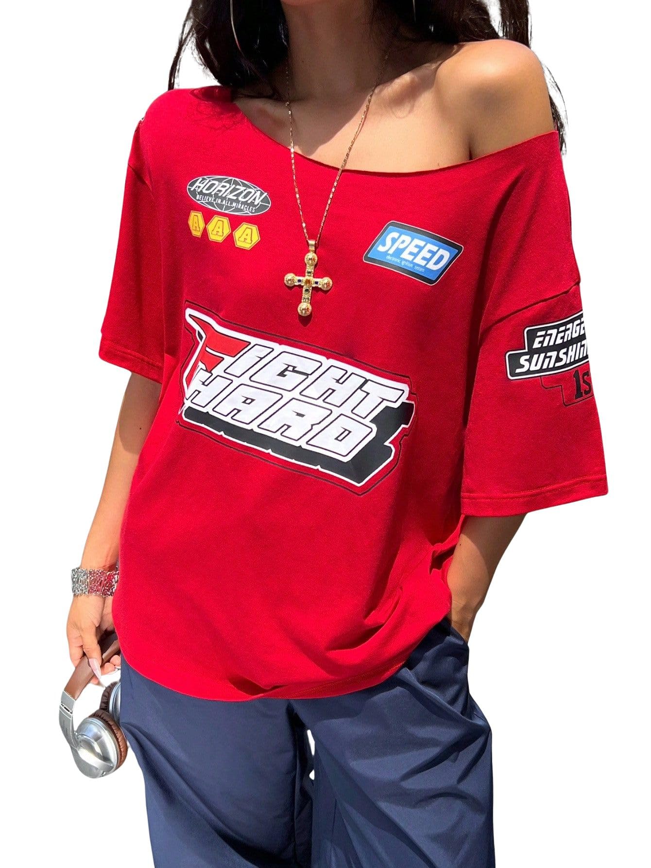 Racing Graphic T-Shirt, Red, Off-Shoulder Style, Oversized Fit, Speed Patches-image-3