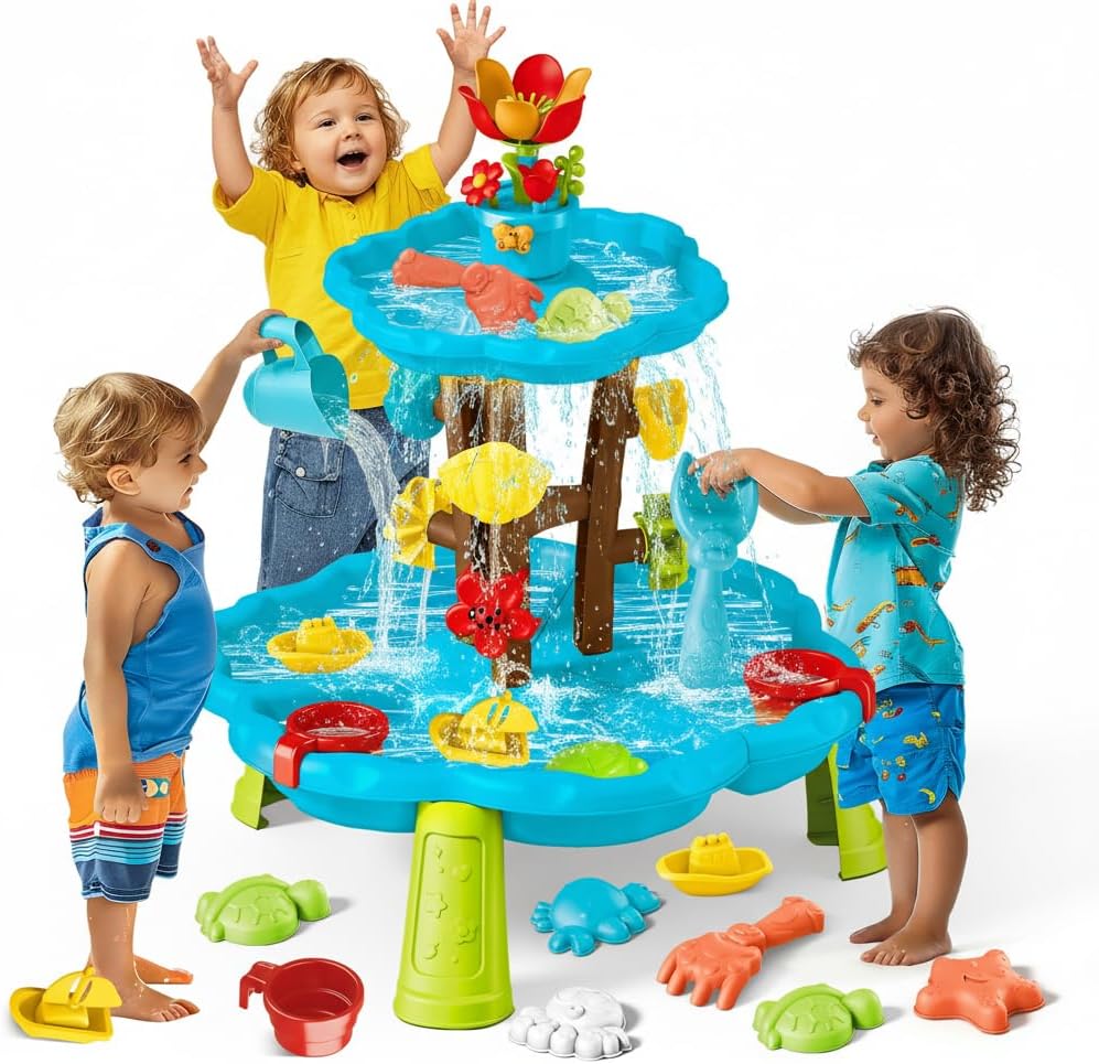 Blossom Sand and Water Table for Toddlers 3-8, 2-Tier Kids Water Play Table with Watering Flower & Beach Toys, Outdoor Sensory Table for Backyard, Summer Beach Activity Table for Boys Girls Age 3+