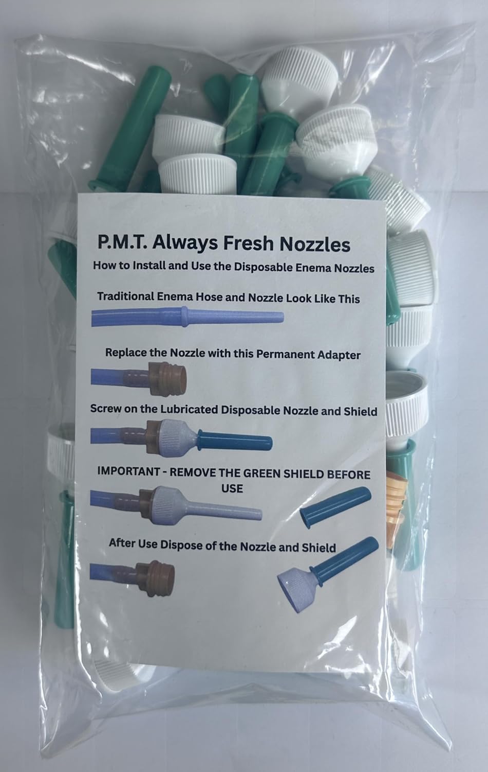 Enema Bag Conversion Kit and 30 Lubricated Disposable Enema Nozzles. Made in The USA