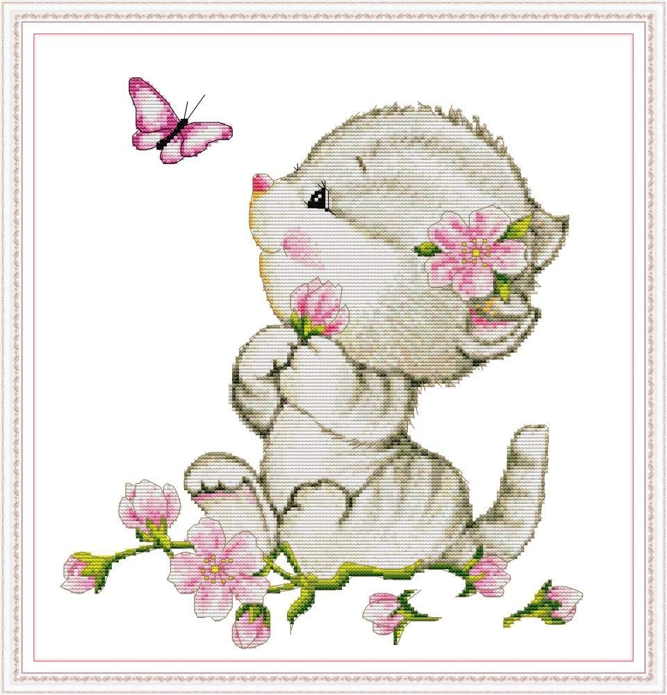 DIY Cross Stitch Counted Kits Stamped Kit Cross-Stitching Pattern for Home Decor, 11CT Pre-Printed Fabric Embroidery Crafts Needlepoint Kit(Cat and Butterfly)