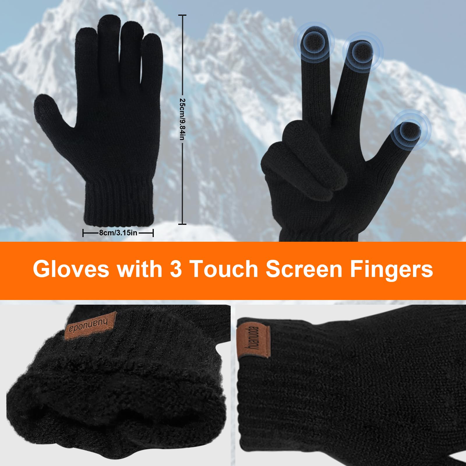 Juego de 3 piezas de gorro de invierno, bufanda, guantes para pantalla táctil, para hombres y mujeres, sombreros con forro polar de punto, guantes térmicos, bufanda larga, Negro - 5