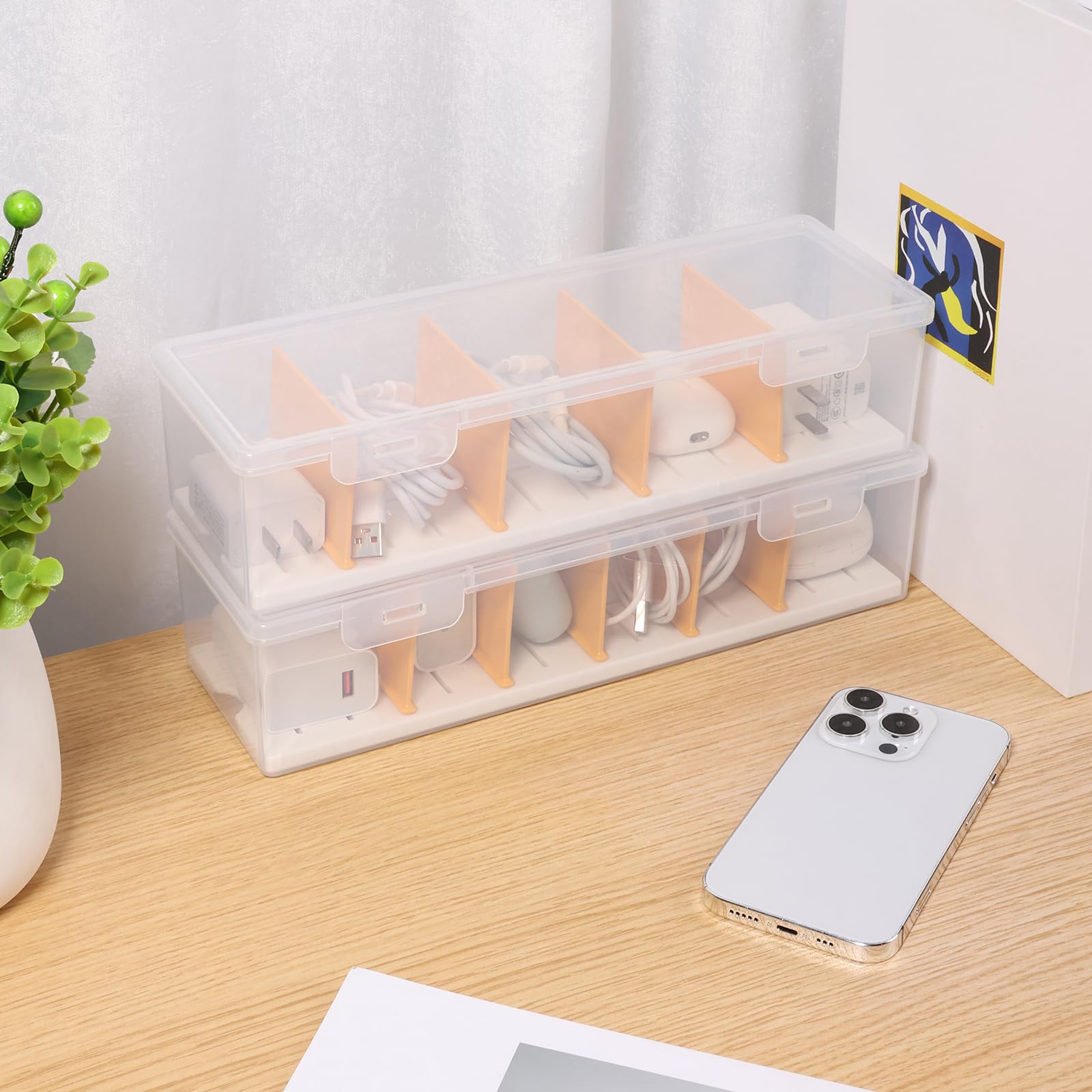 Qinglang Clear 2 Pcs Cable Storage Box With Lid 5 Grids Cable Management Box Plastic Cables Tidy Boxs With Detachable Dividers For Cables Storage Chargers Power Strips Organize
