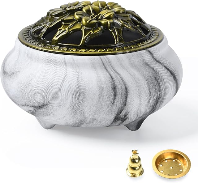EOIMS Incense Burner with Incense Stick Holder+Spacer Layer Use for Stick or Cone Coil Incense Smudge Bowl,Handmade Ceramic Incense Burner for Charcoal Disc ,Resin and Sage Cones (Black & White)