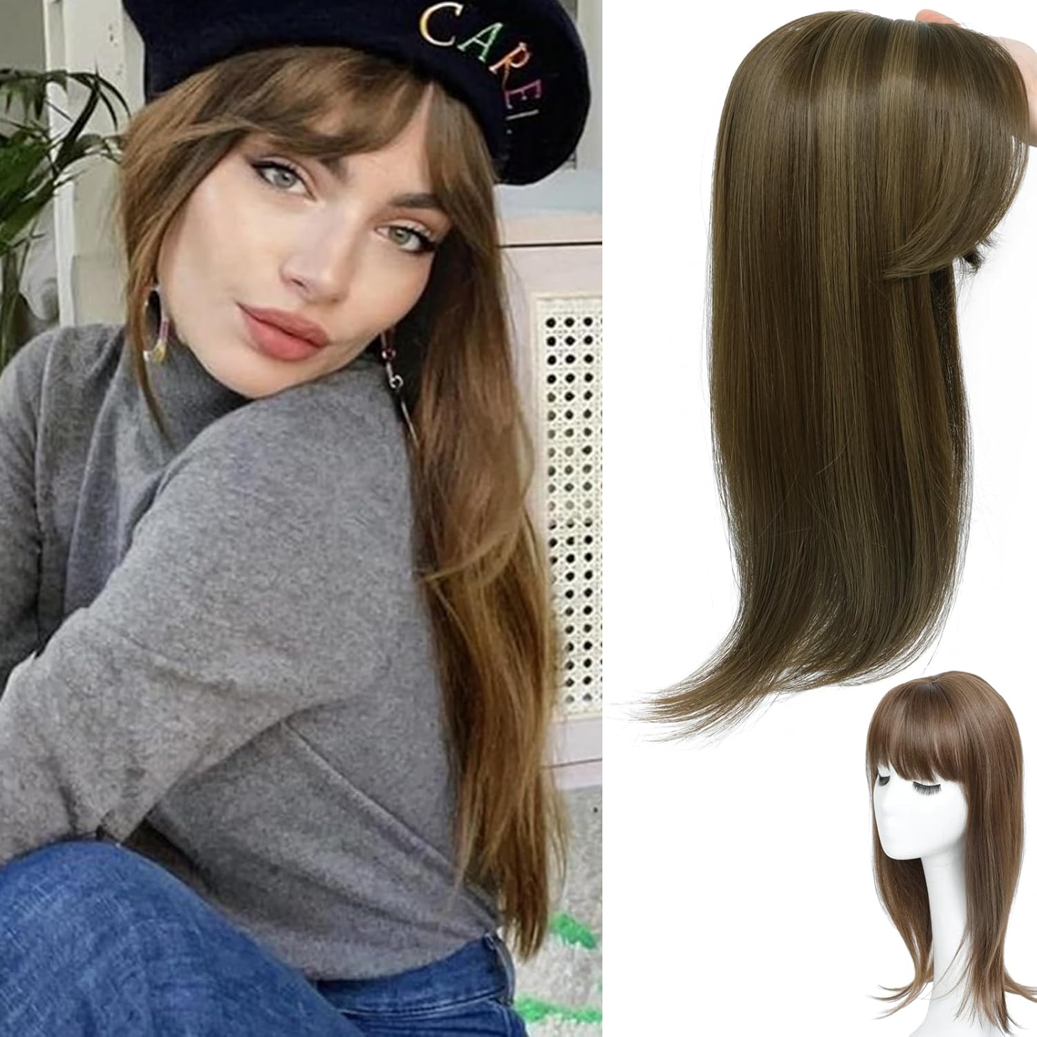Hair Topper, 360 3D Hair Toppers for Women with Thinning, 18 Inch Long Pieces for Women Clip in Side Bangs (Dark Brown with High lights, 3D Wispy Bangs)