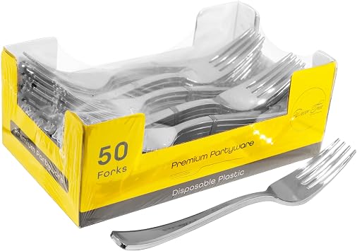 Premium Plastic Forks Set Flatware Set for Parties, Events, Housewarming & Special Occasions - Set of 50 Silver
