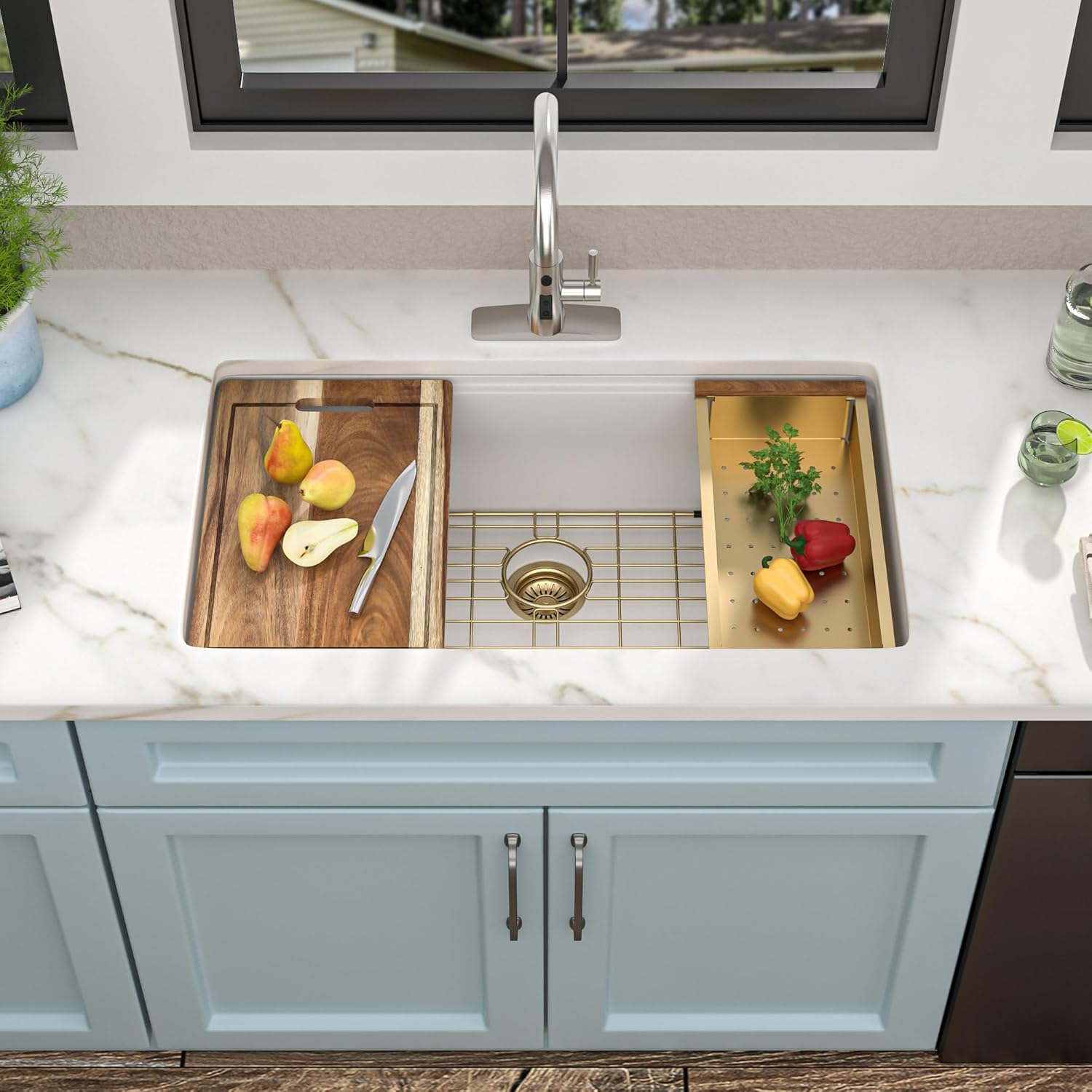 30"x19" Granite Composite Kitchen Sink - White Undermount Ledge Workstation Quartz Classic Under Counter Single Bowl Sink Basin with Gold Accessories