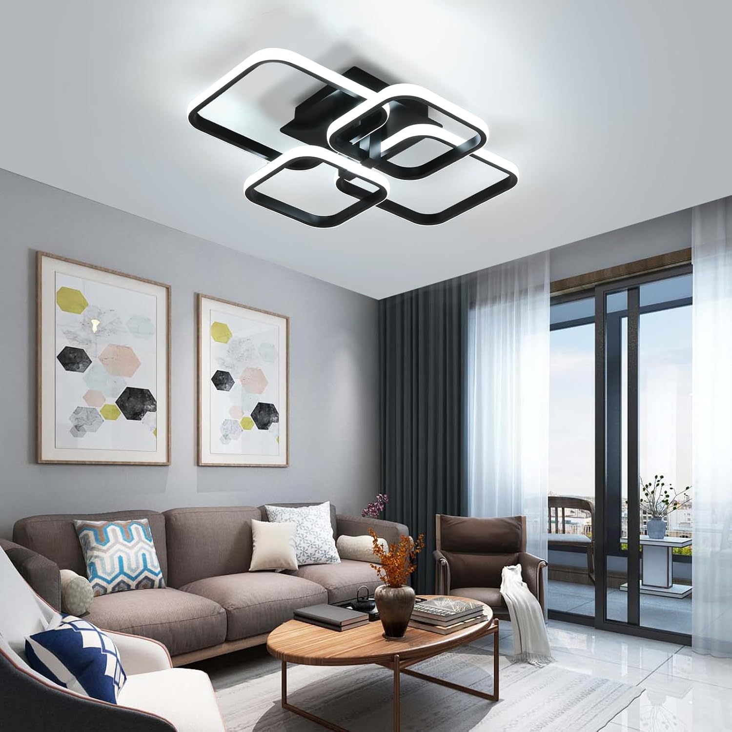 DELIPOP Modern Ceiling Light, 3000-6500K Black Dimmable Flush Mount Ceiling Lights with Remote Control, 48W LED Chandelier for Living Room Dining Room Bedroom