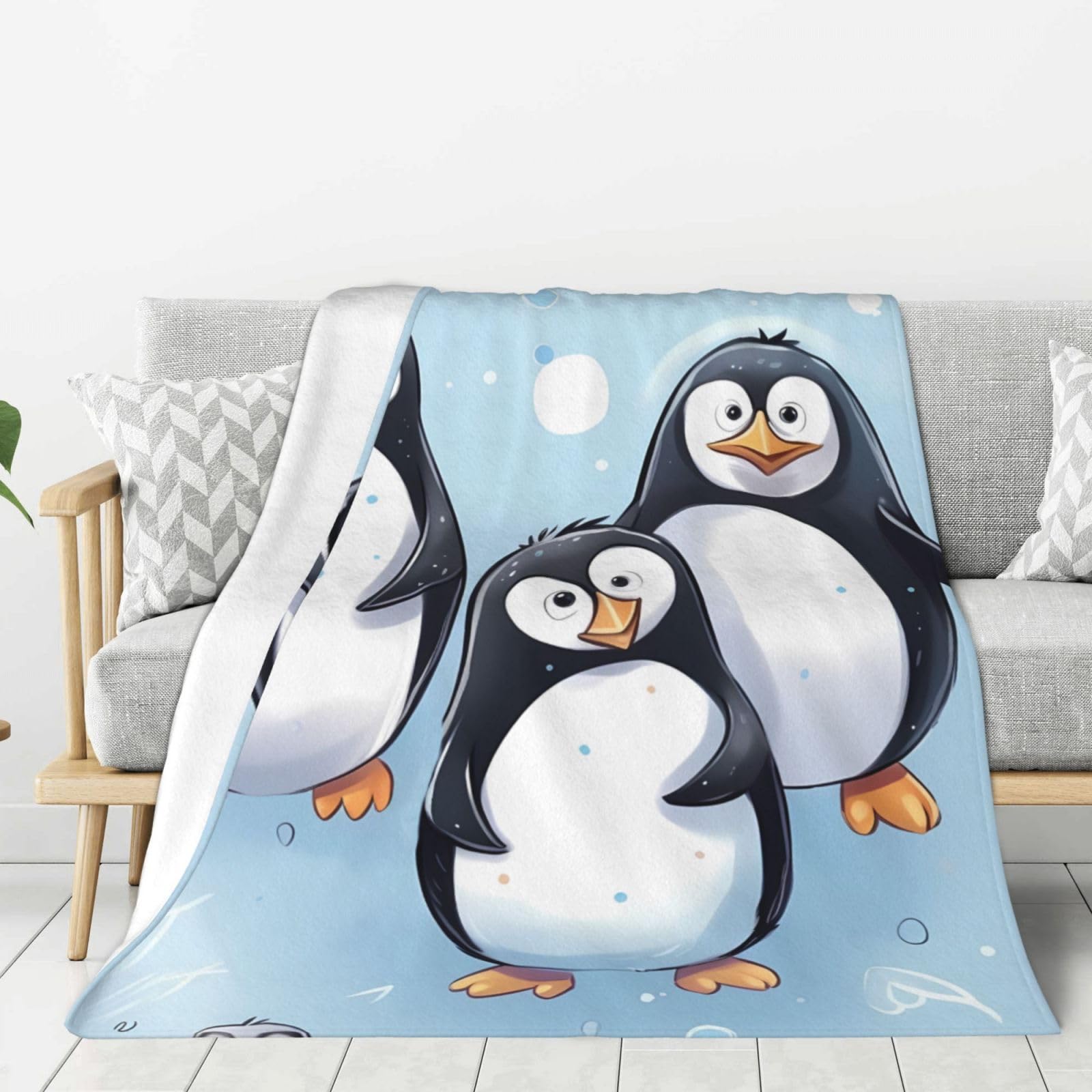 Couverture en flanelle pingouins anti-froid pour canapé et lit entretien facile en machine