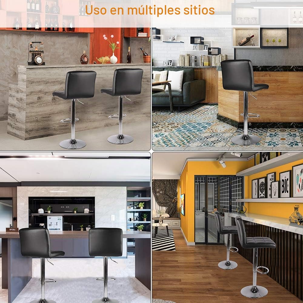 bigzzia Taburete de Bar Juego de 2, Taburetes Altos de Cocina, Cuero Sintético Silla de Bar Regulable en Altura con Respaldo y Reposapiés, Giratorio en 360°, para Cocina, Mostrador, Bar, Negro