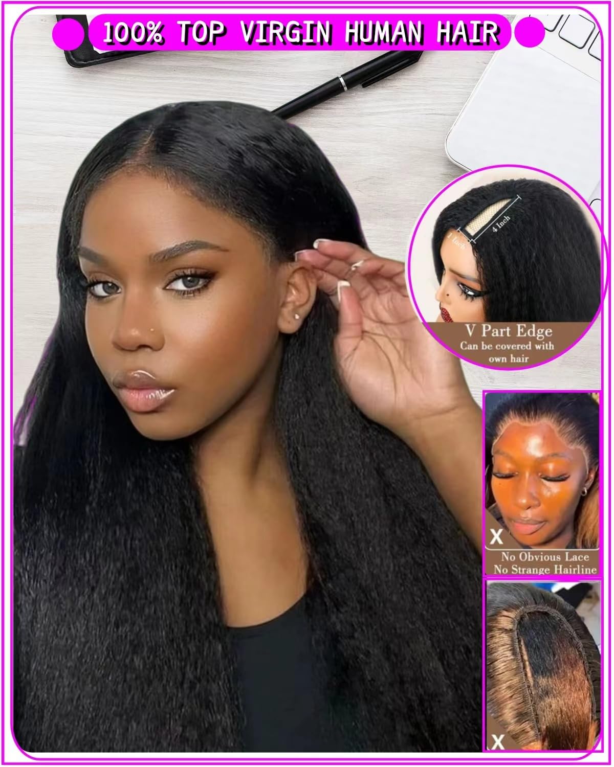 22Inch V Part Kinkystraight Wig Human Hair with Drawstring 200% Density Glueless U Part Upgraded 100% Natural Unprocessed Human Hair Wigs for Women No Sew in V Shape Clip In Half Wig Human Hair