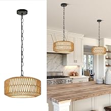 9"-52" Height Adjustable Farmhouse Chandelier Light Fixture, 5-Light Rattan Boho Chandeliers for Dining Room, Hand Woven Pendant Light with Linen Shade, Rustic Hanging Lighting for Kitchen Island