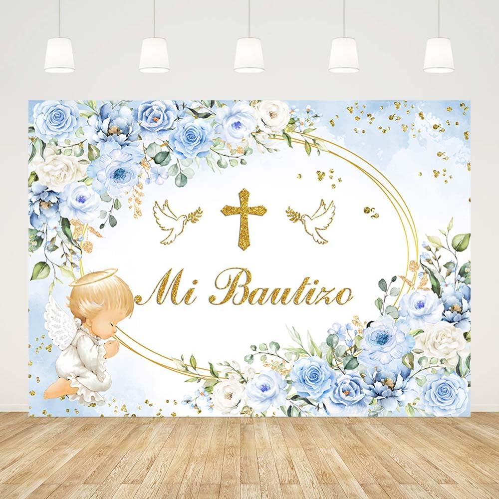 Aperturee Blue Floral Gold Cross Bautizo Baptism Arch Backdrop