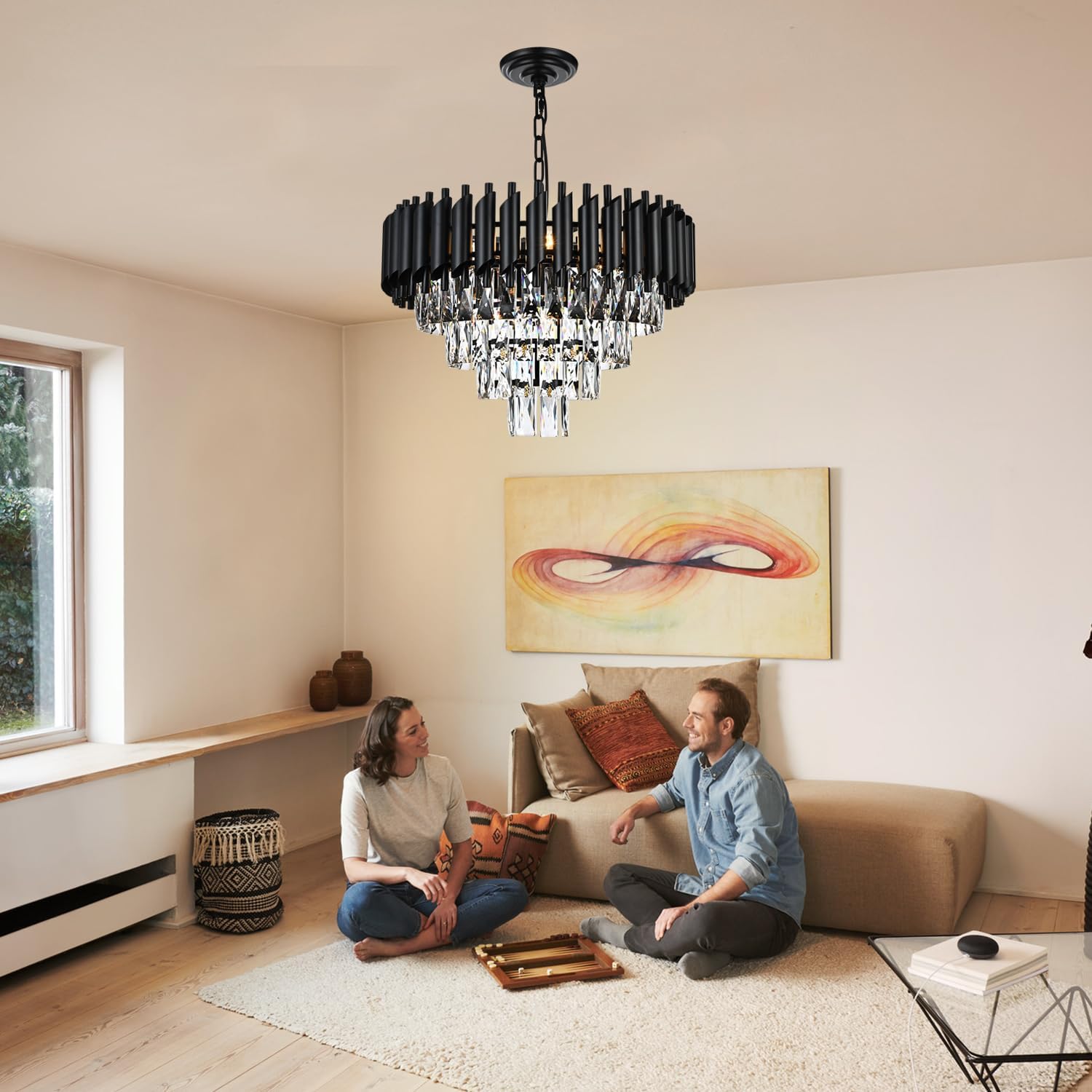 9-Light Modern Round Crystal Chandelier Lights, 4 Tiers Luxury Pendant Ceiling Light, 19.7" Crystal Chandeliers Lighting for Dining Living Room Kitchen Island Bedroom Foyer Hallway (Black)