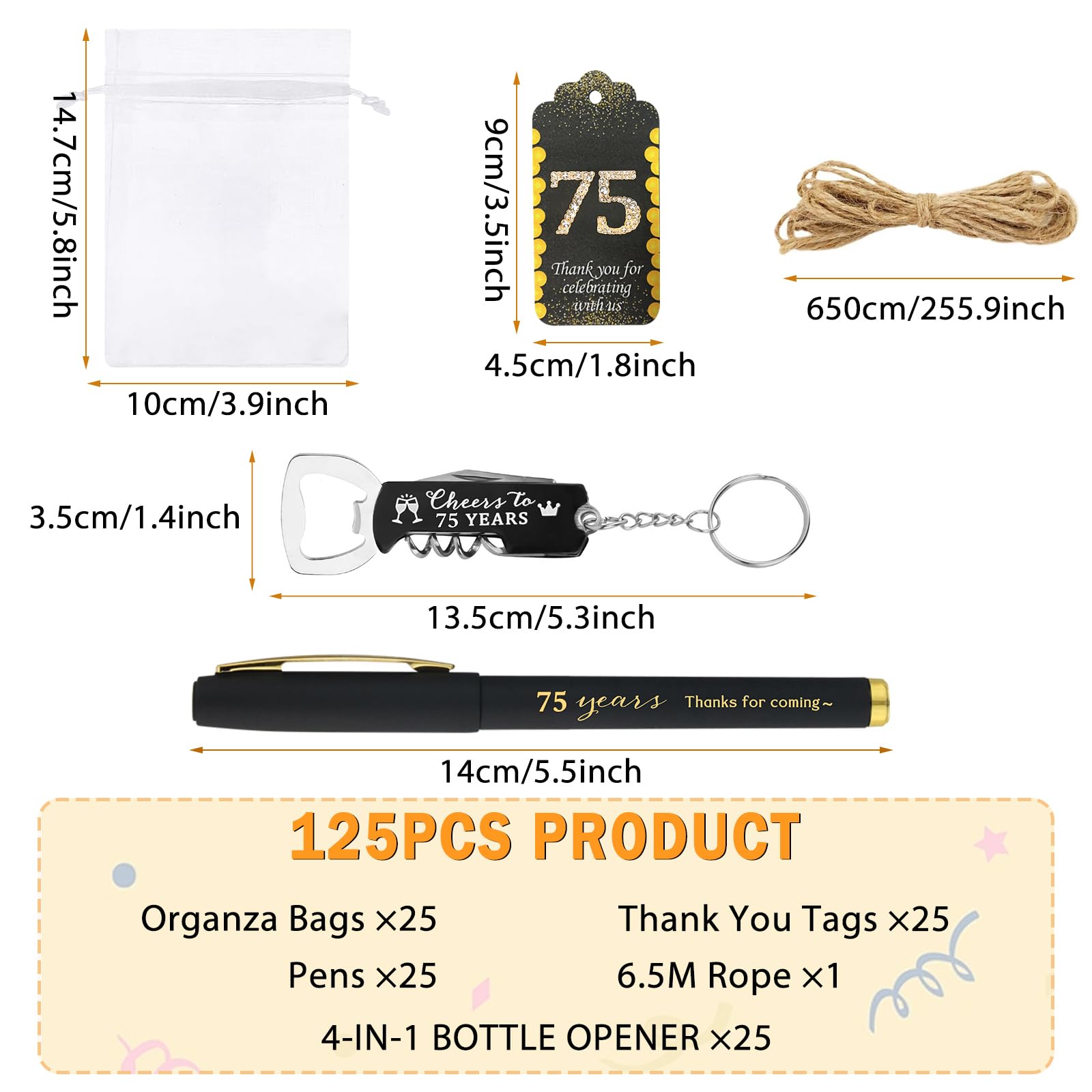 Gastgeschenke zum 75. Geburtstag, inklusive Stifte, Flaschenöffner, Schlüsselanhänger, Großpackung, Dankeskarten mit Organza-Geschenktüten für Geburtstag, Jahrestag, Souvenirs, Prost bis 75