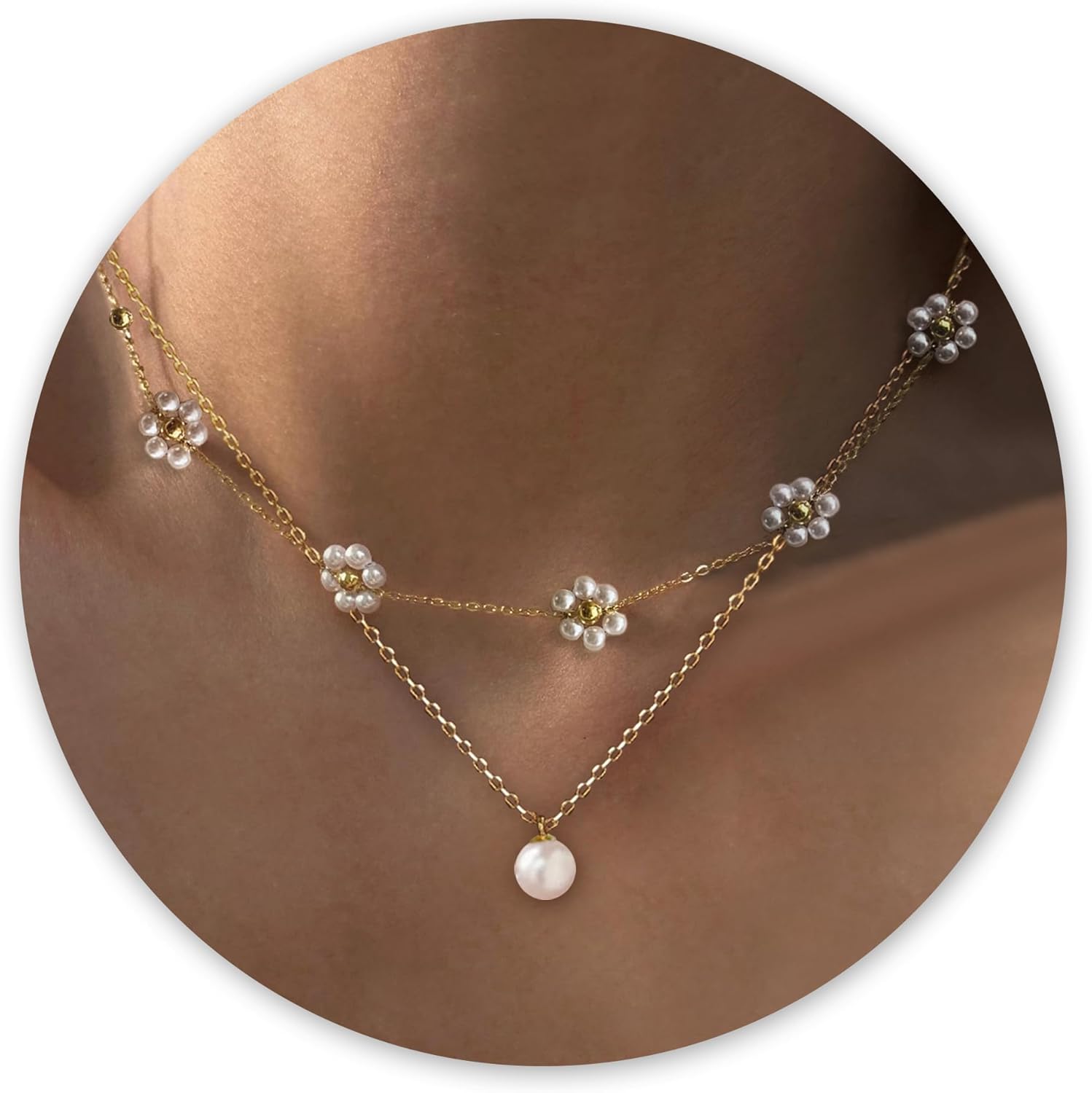 Pearl Necklaces for Women, Gold Pearl Choker Single Pendant Necklace Layered Daisy Jewelry as Gifts for Galentines Day, Wedding Strands for Bride Bridesmaids
