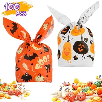 Iioscre 100 PCS Halloween Treat Bags Candy Bags, Kids Trick or Treat Bags Goodie Bags, Cute Rabbit Ear Small Halloween Cookies Plastic Gift Bags for Halloween Party Decoration Supplies