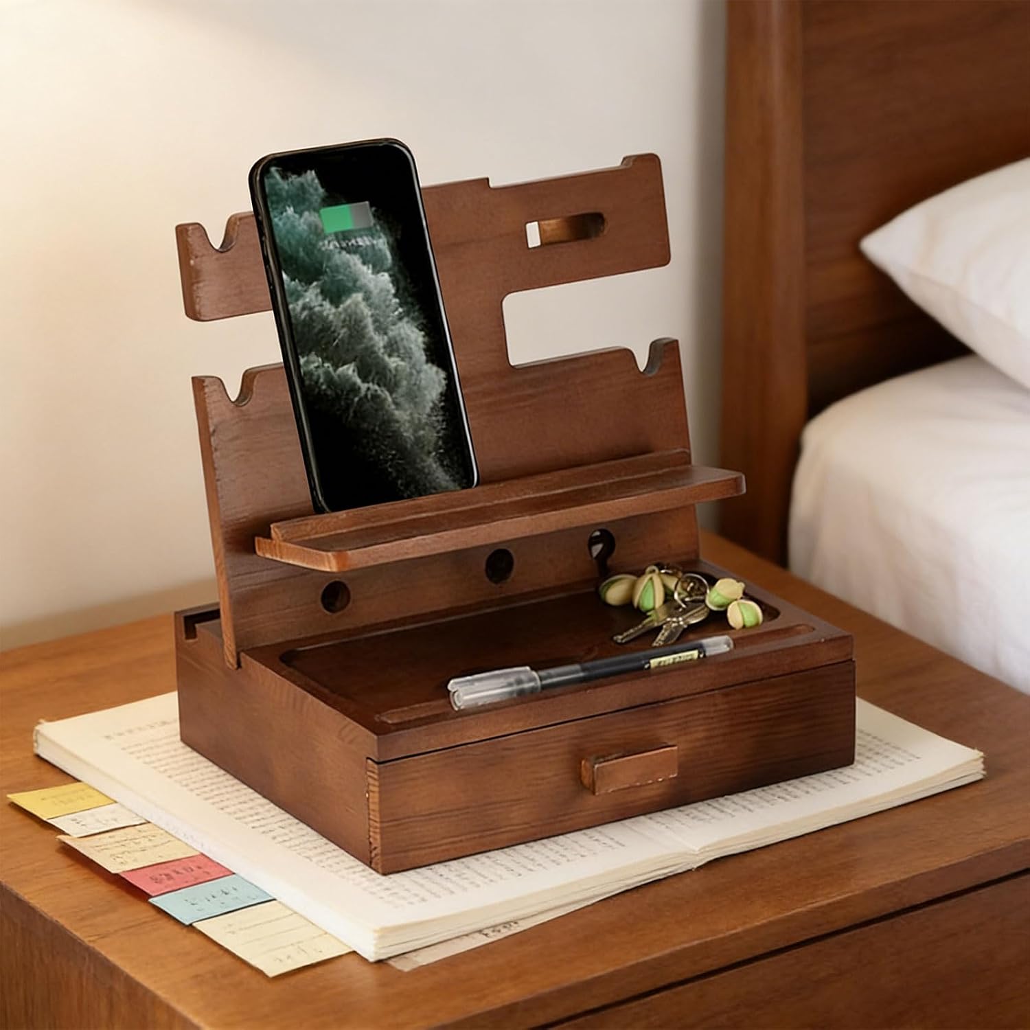 Elegant Wood Phone Holder and Desk Storage for Various Devices Fits Most Screen Sizes Simple Phone Holder